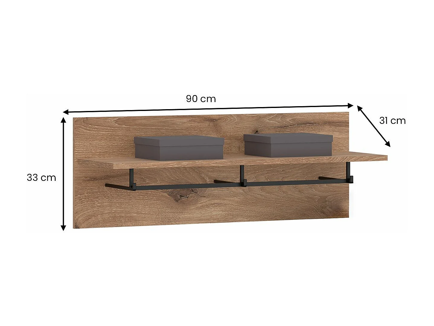 Portemanteau mural HERA avec étagère et 3 patères en bois, 88 x 33 x 31 cm, Pour couloir ou entrée moderne, Coloris chêne