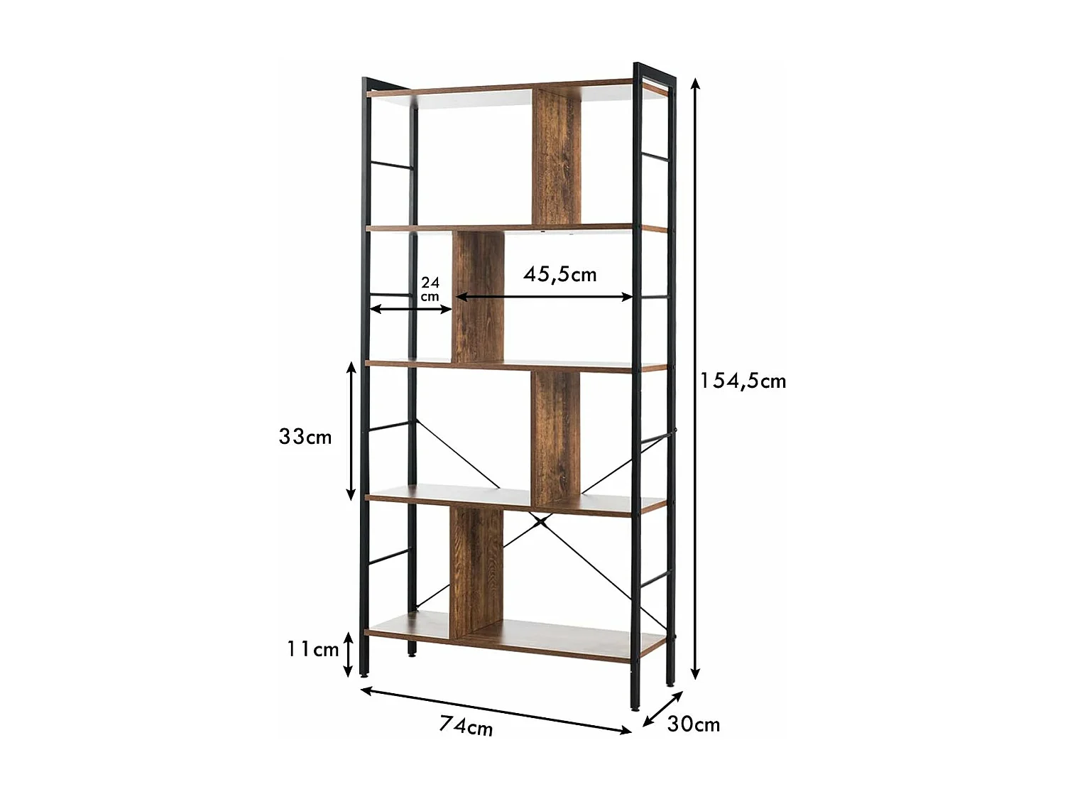 Bibliothèque Étagère à 5 Niveaux, Meuble de Rangement sur Pieds, Montage Facile, Style Industriel, Idéal pour Salon, Bureau, Chambre, 74 x 30 x 155 cm