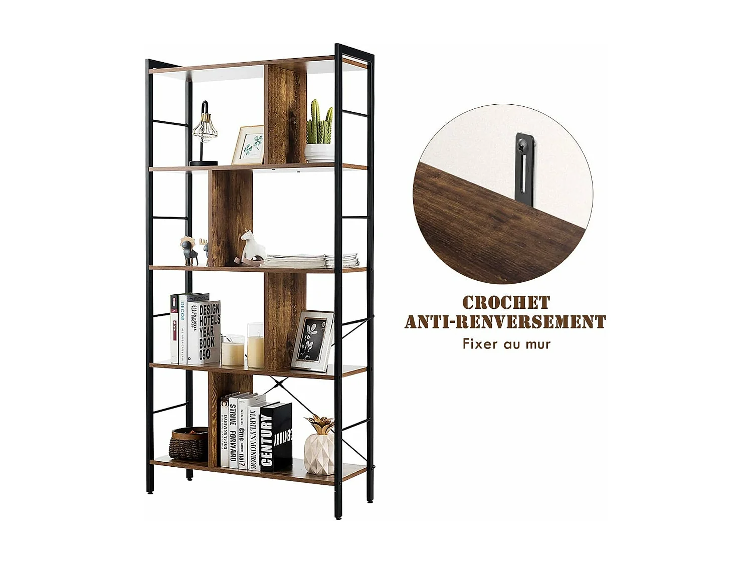 Bibliothèque Étagère à 5 Niveaux, Meuble de Rangement sur Pieds, Montage Facile, Style Industriel, Idéal pour Salon, Bureau, Chambre, 74 x 30 x 155 cm