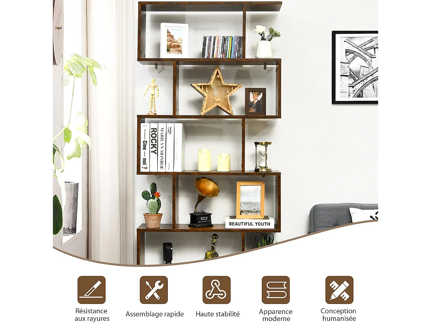 Bibliothèque Industriel en Forme de S, Étagère à 6 Niveaux, Meuble de Rangement avec Anti-basculement, 80 x 23 x 191 cm, pour Salon, Chambre, Bureau, Marron