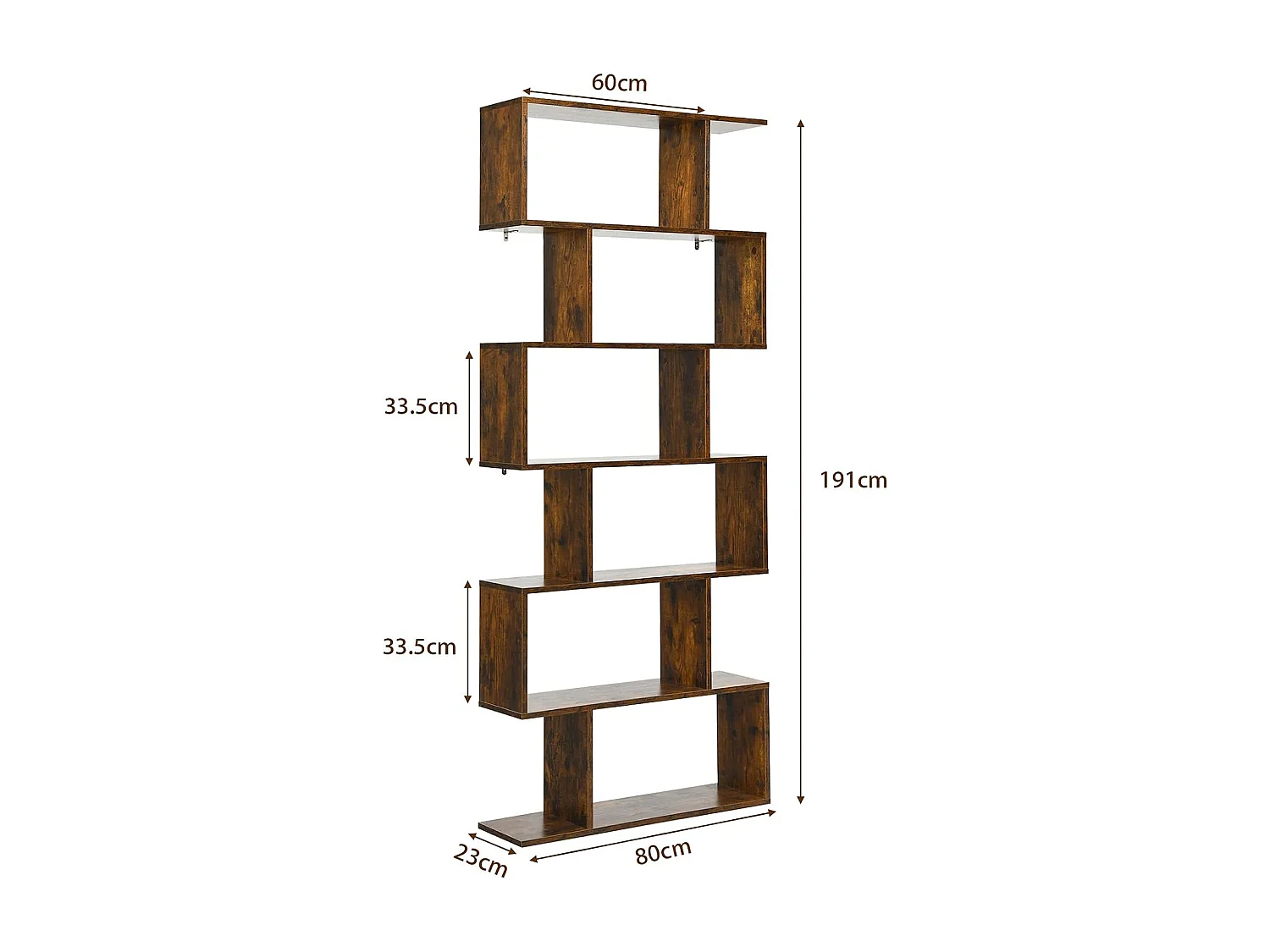 Bibliothèque Industriel en Forme de S, Étagère à 6 Niveaux, Meuble de Rangement avec Anti-basculement, 80 x 23 x 191 cm, pour Salon, Chambre, Bureau, Marron