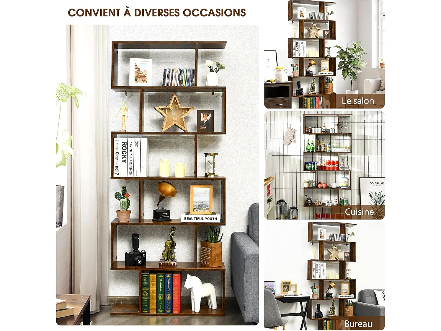 Bibliothèque Industriel en Forme de S, Étagère à 6 Niveaux, Meuble de Rangement avec Anti-basculement, 80 x 23 x 191 cm, pour Salon, Chambre, Bureau, Marron