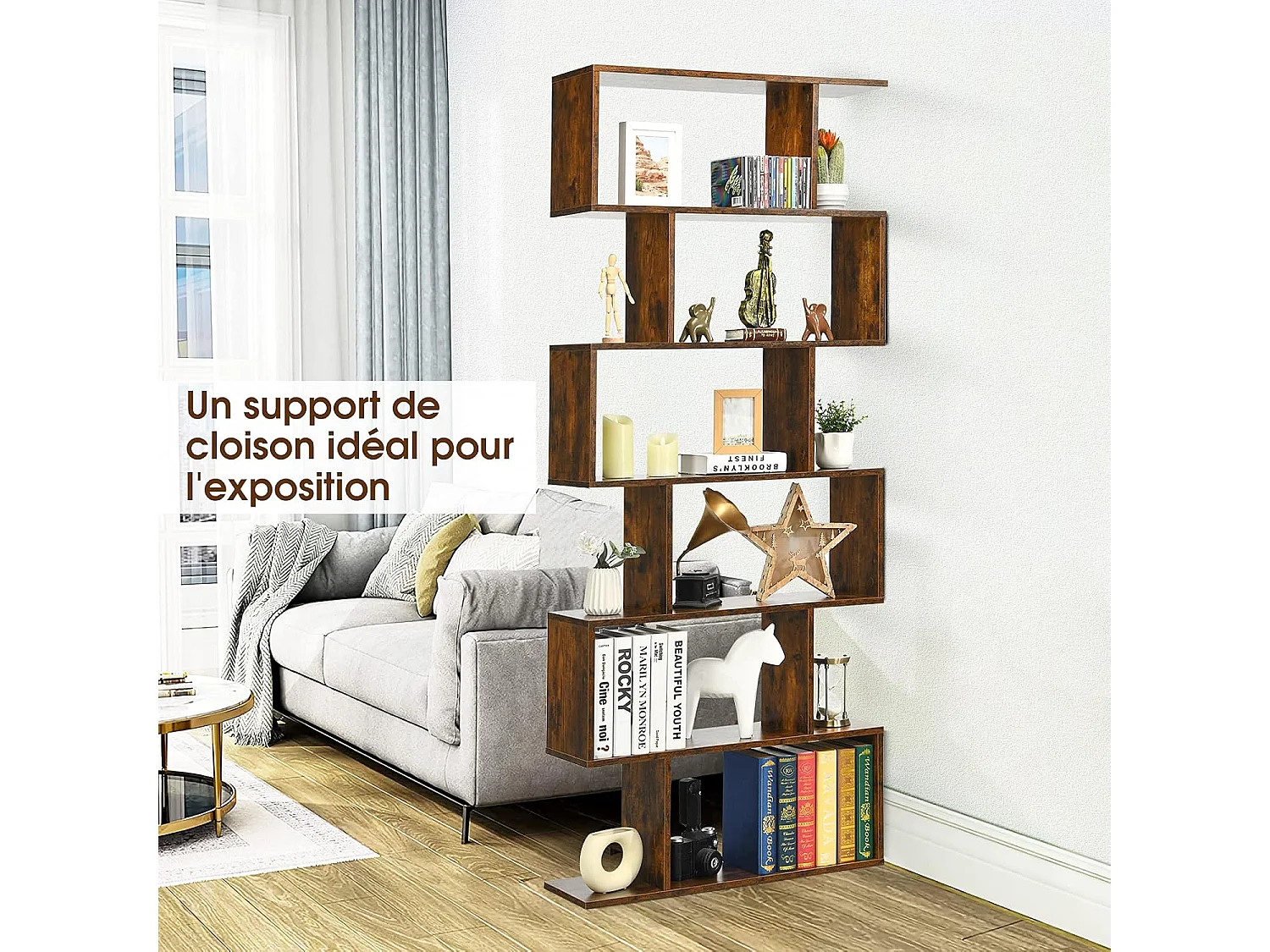 Bibliothèque Industriel en Forme de S, Étagère à 6 Niveaux, Meuble de Rangement avec Anti-basculement, 80 x 23 x 191 cm, pour Salon, Chambre, Bureau, Marron