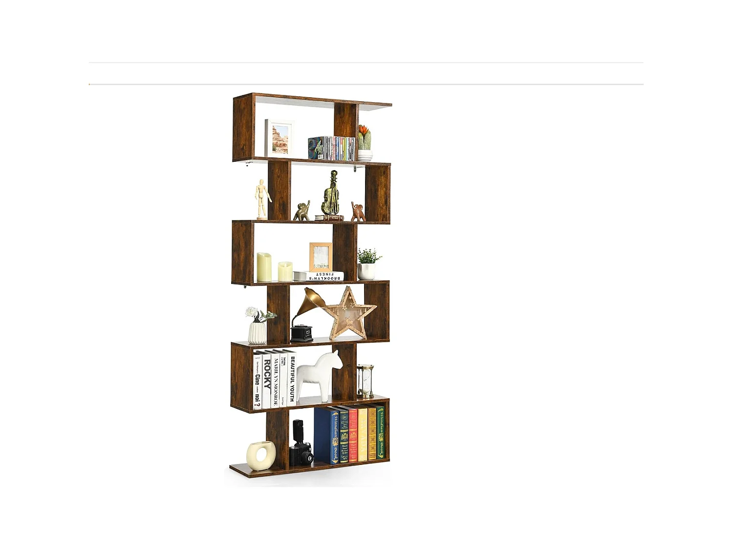 Bibliothèque Industriel en Forme de S, Étagère à 6 Niveaux, Meuble de Rangement avec Anti-basculement, 80 x 23 x 191 cm, pour Salon, Chambre, Bureau, Marron