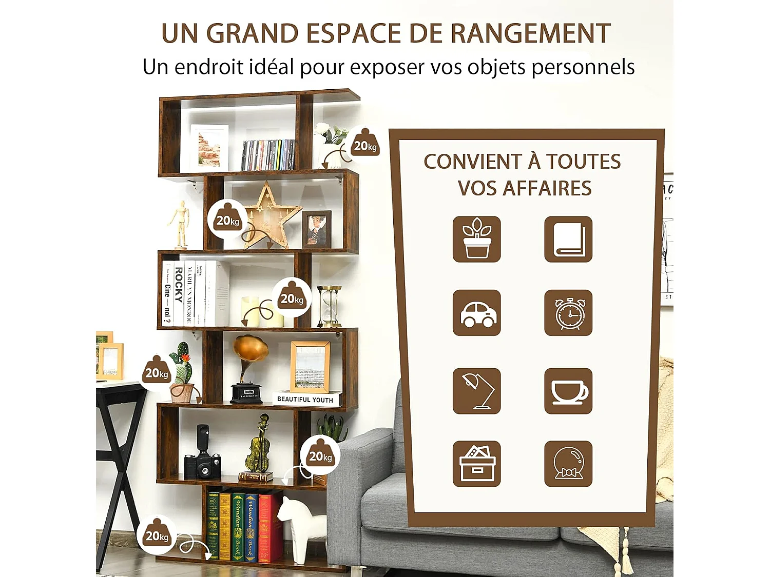 Bibliothèque/étagère de rangement à 6 niveaux-80x23x191 cm en forme de s café