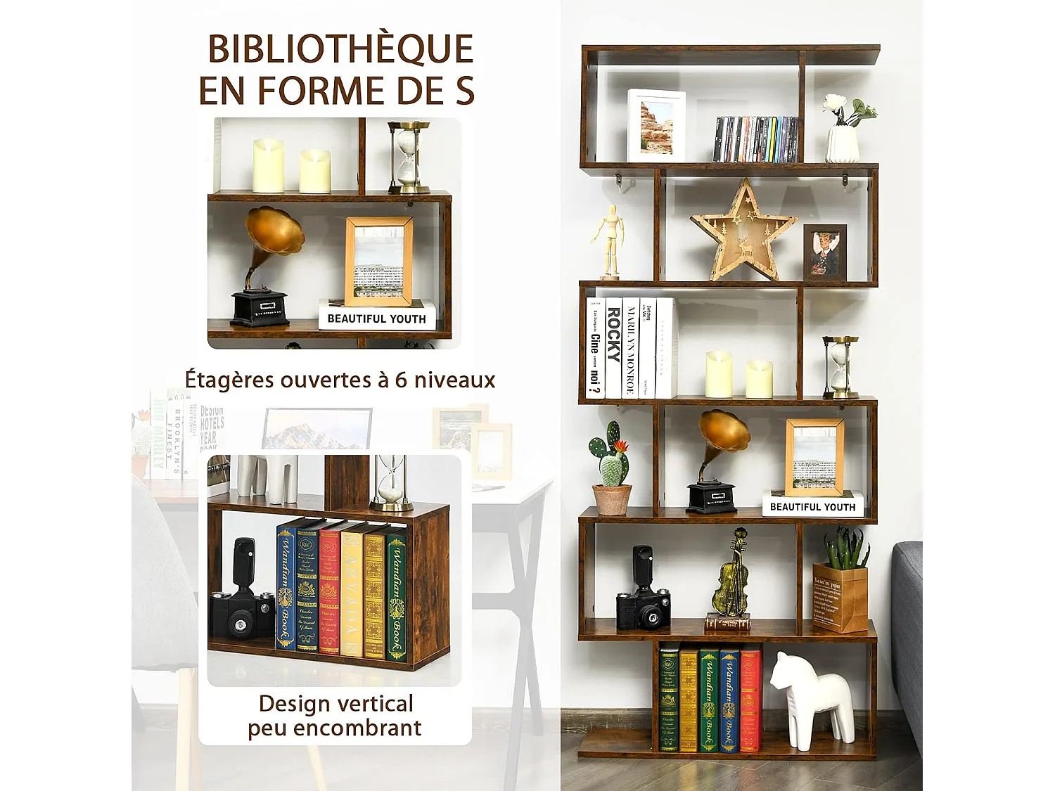 Bibliothèque/étagère de rangement à 6 niveaux-80x23x191 cm en forme de s café