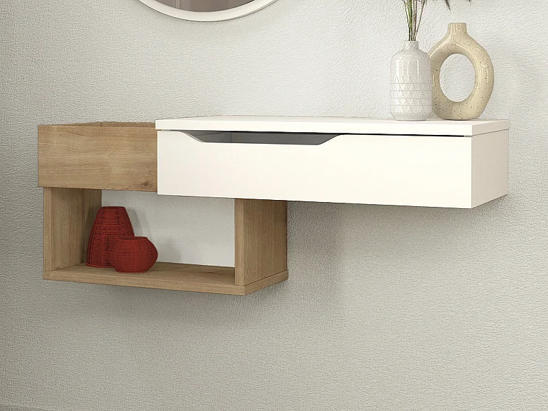 Console suspendue avec 1 tiroir et 2 niches - Naturel et blanc - DAREKA