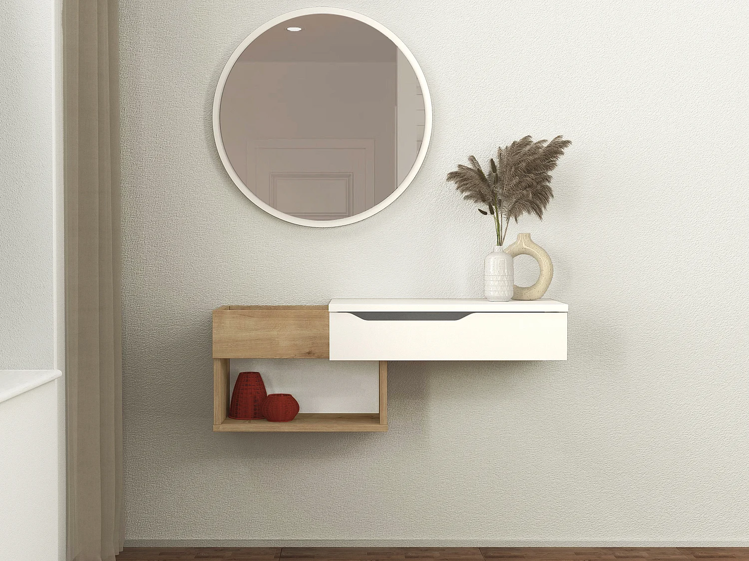 Console suspendue avec 1 tiroir et 2 niches - Naturel et blanc - DAREKA