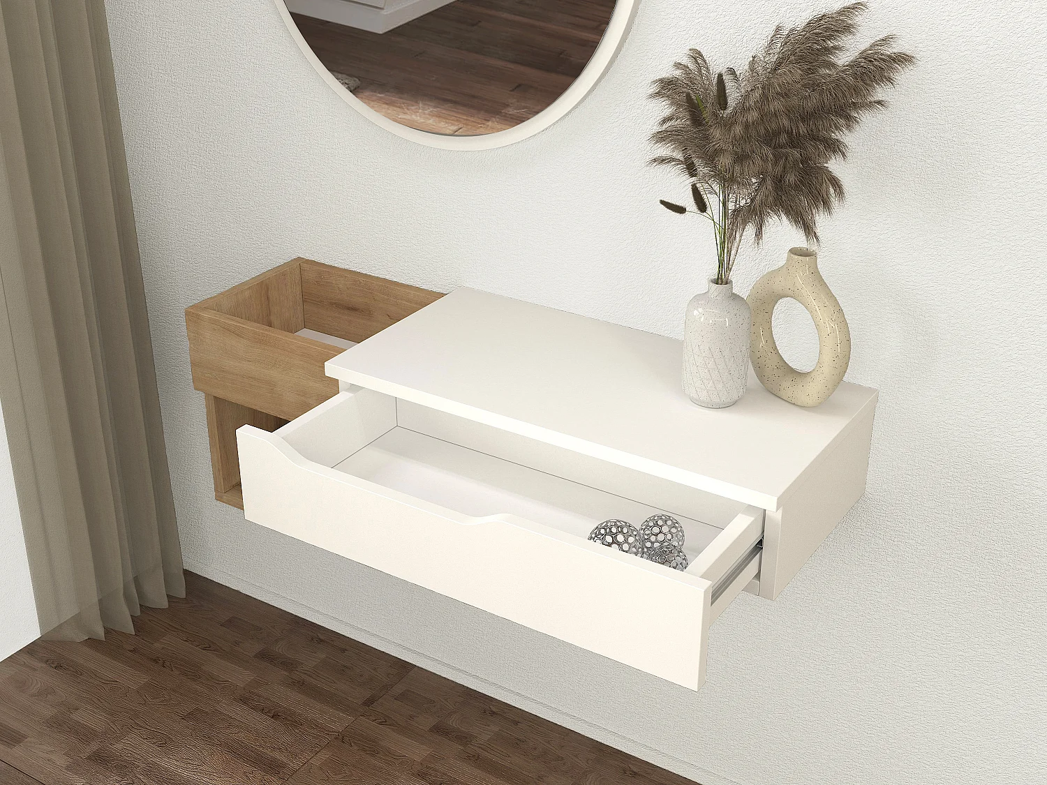 Console suspendue avec 1 tiroir et 2 niches - Naturel et blanc - DAREKA