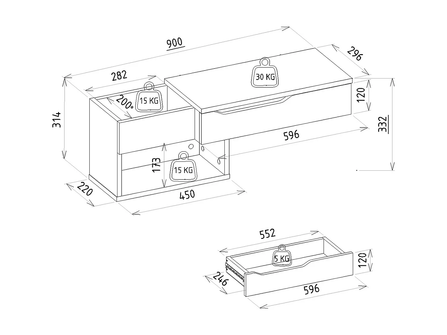 Console suspendue avec 1 tiroir et 2 niches - Naturel et blanc - DAREKA