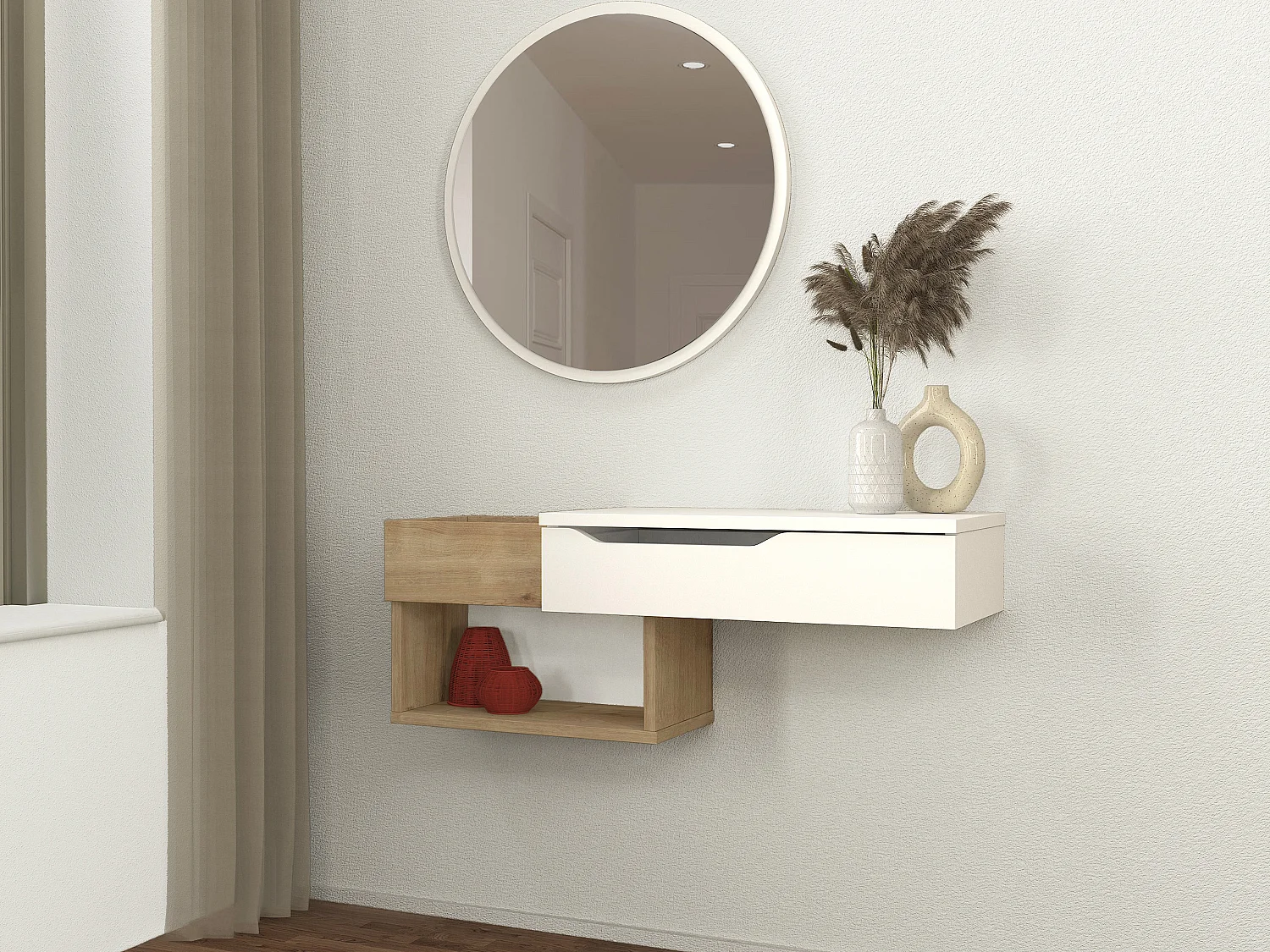 Console suspendue avec 1 tiroir et 2 niches - Naturel et blanc - DAREKA