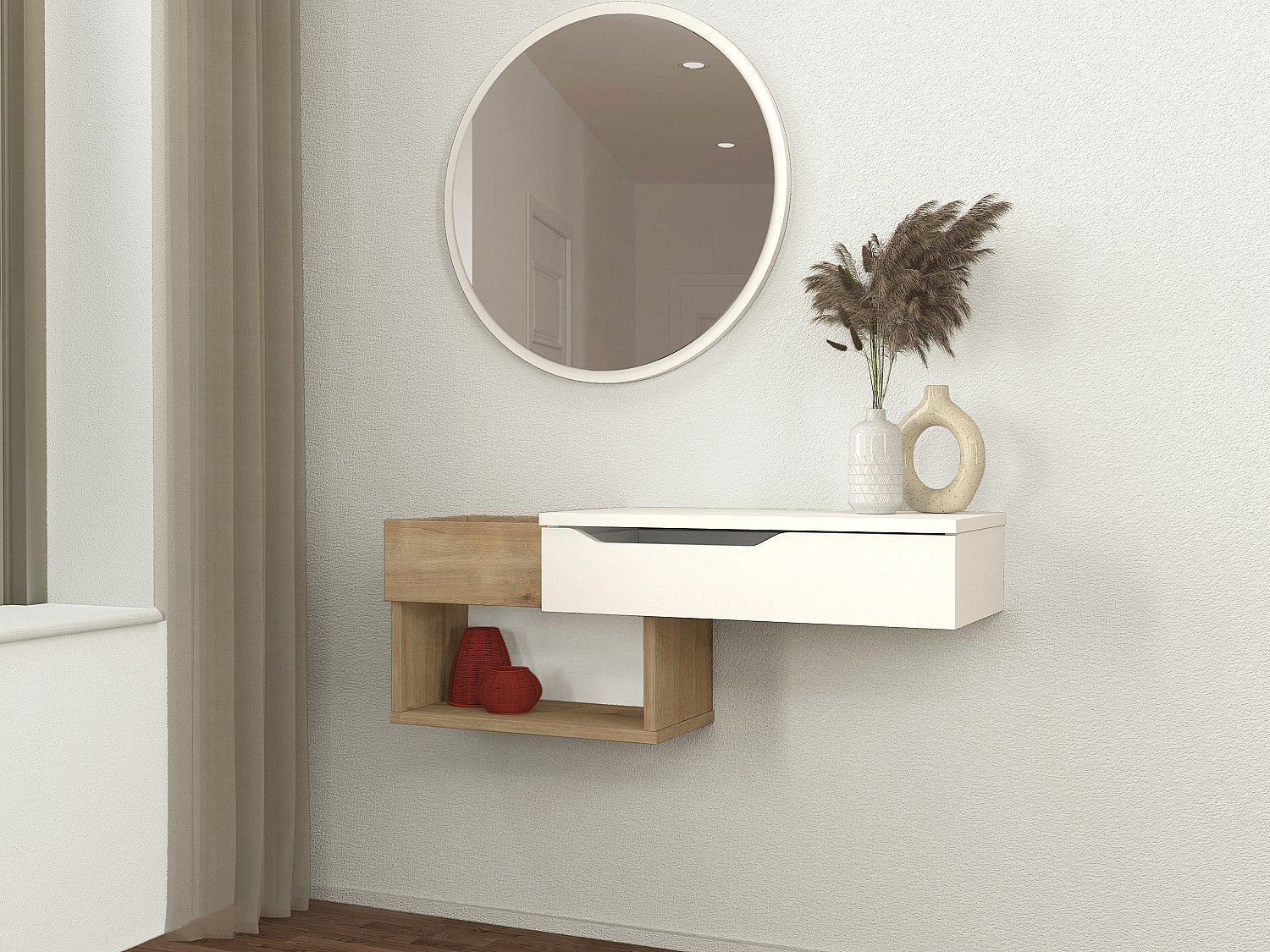 Wandkonsole hängend mit 1 Schublade & 2 Ablagefächern - Holzfarben & Weiß - günstig online kaufen