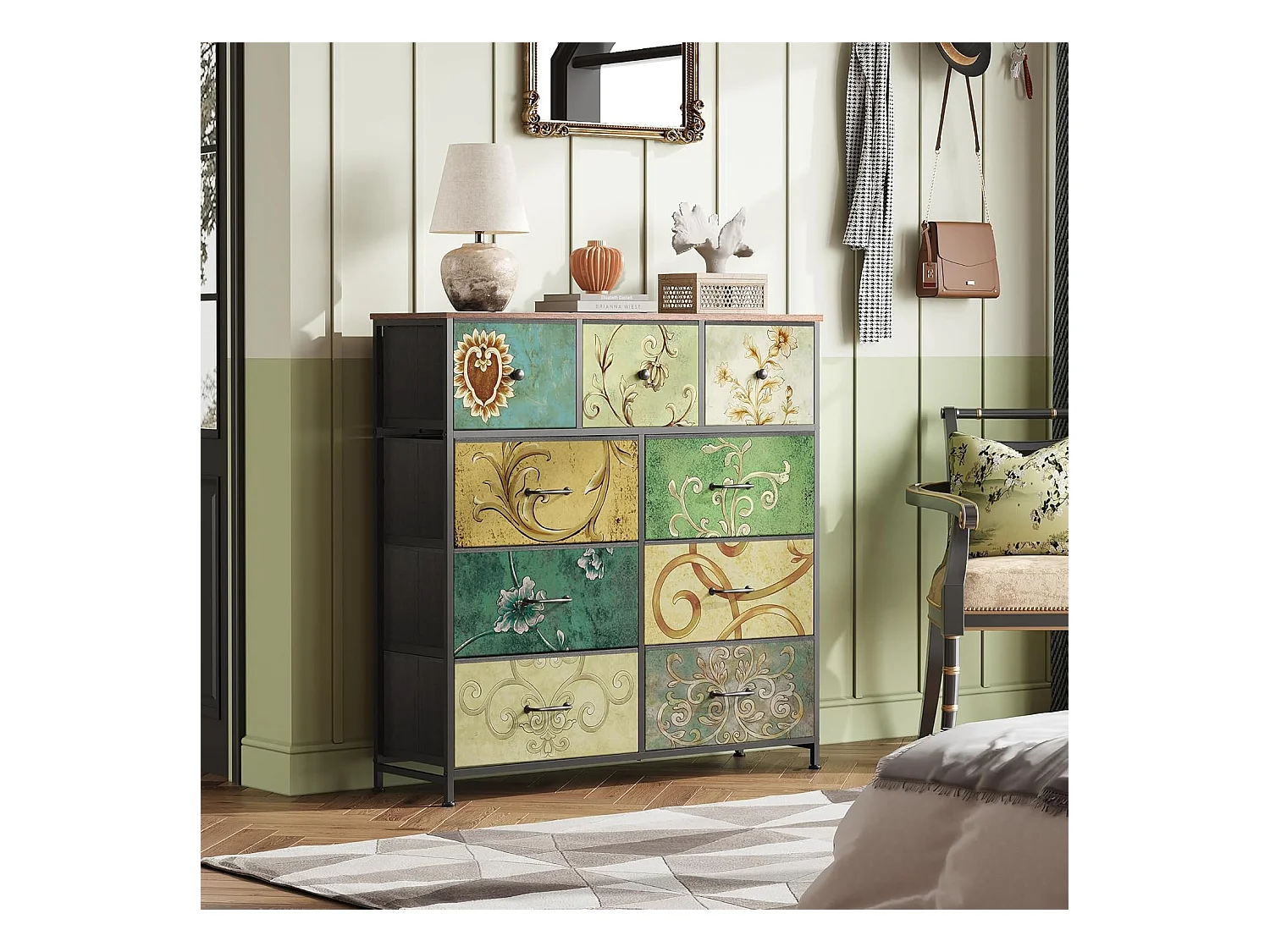Commode 100 cm, avec 9 tiroirs de rangement, motif vintag, meuble de salon en bois - Multicolore