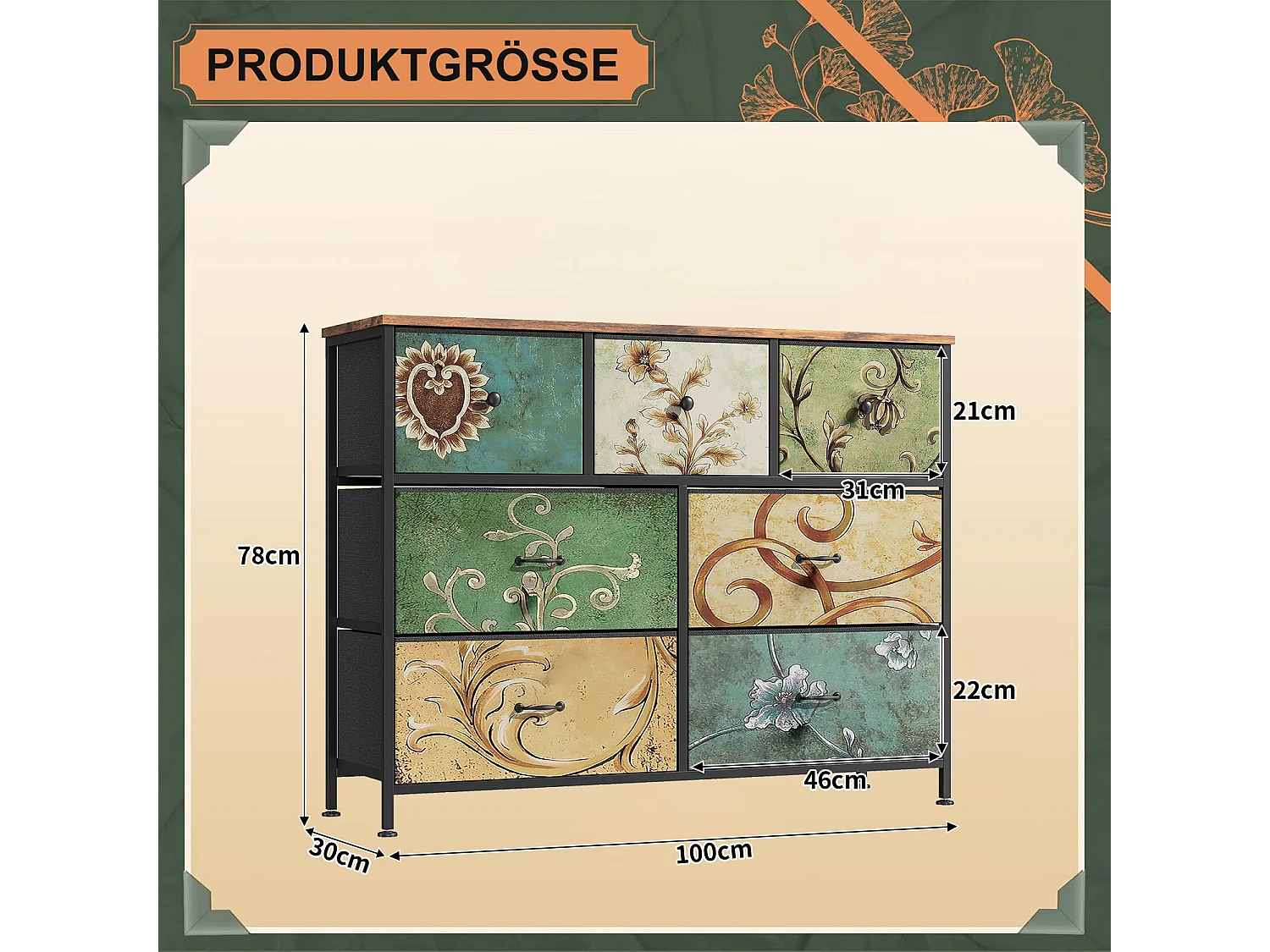 100 cm Kommode, mit 7 Schubladen, Vintage-Muster, - Mehrfarbig