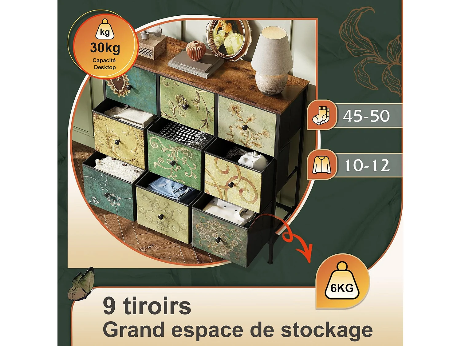 Commode de rangement 100 cm - avec 9 tiroirs de rangement et poignées noires, motif Vintage - Vert