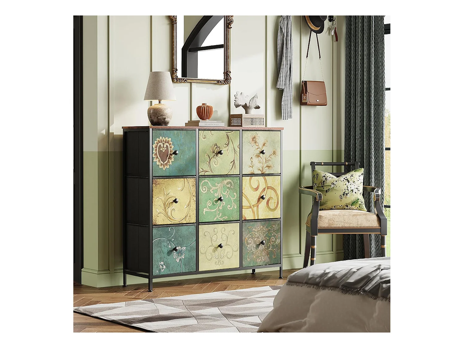 Commode de rangement 100 cm - avec 9 tiroirs de rangement et poignées noires, motif Vintage - Vert