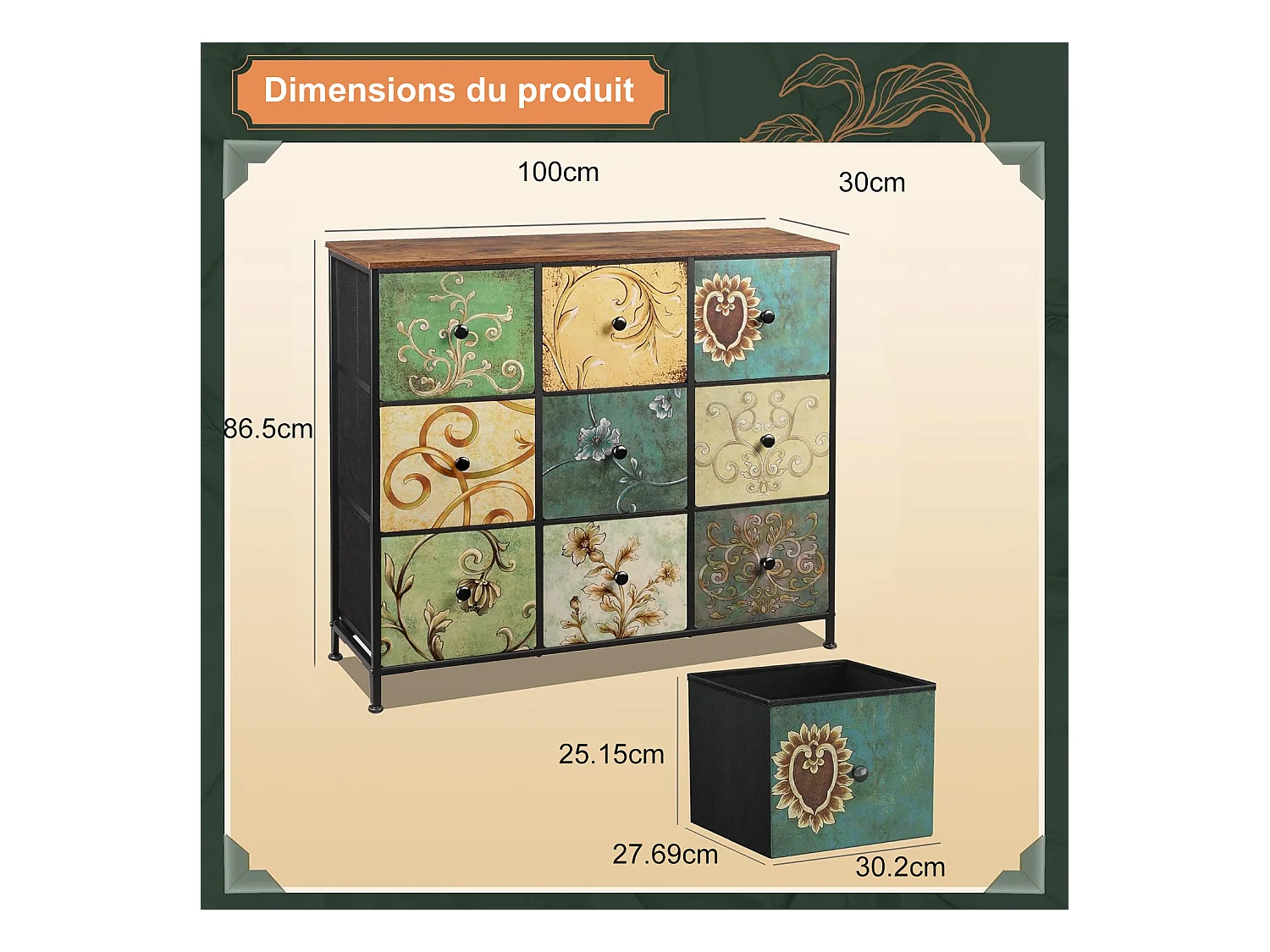 100 cm Aufbewahrungskommode - mit 9 Aufbewahrungsschubladen und schwarzen Griffen, Vintage-Muster - Grün