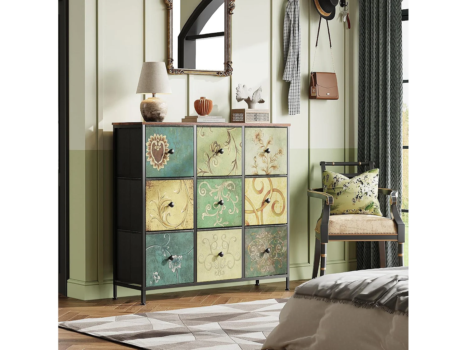 Commode de rangement 100 cm - avec 9 tiroirs de rangement et poignées noires, motif Vintage - Vert