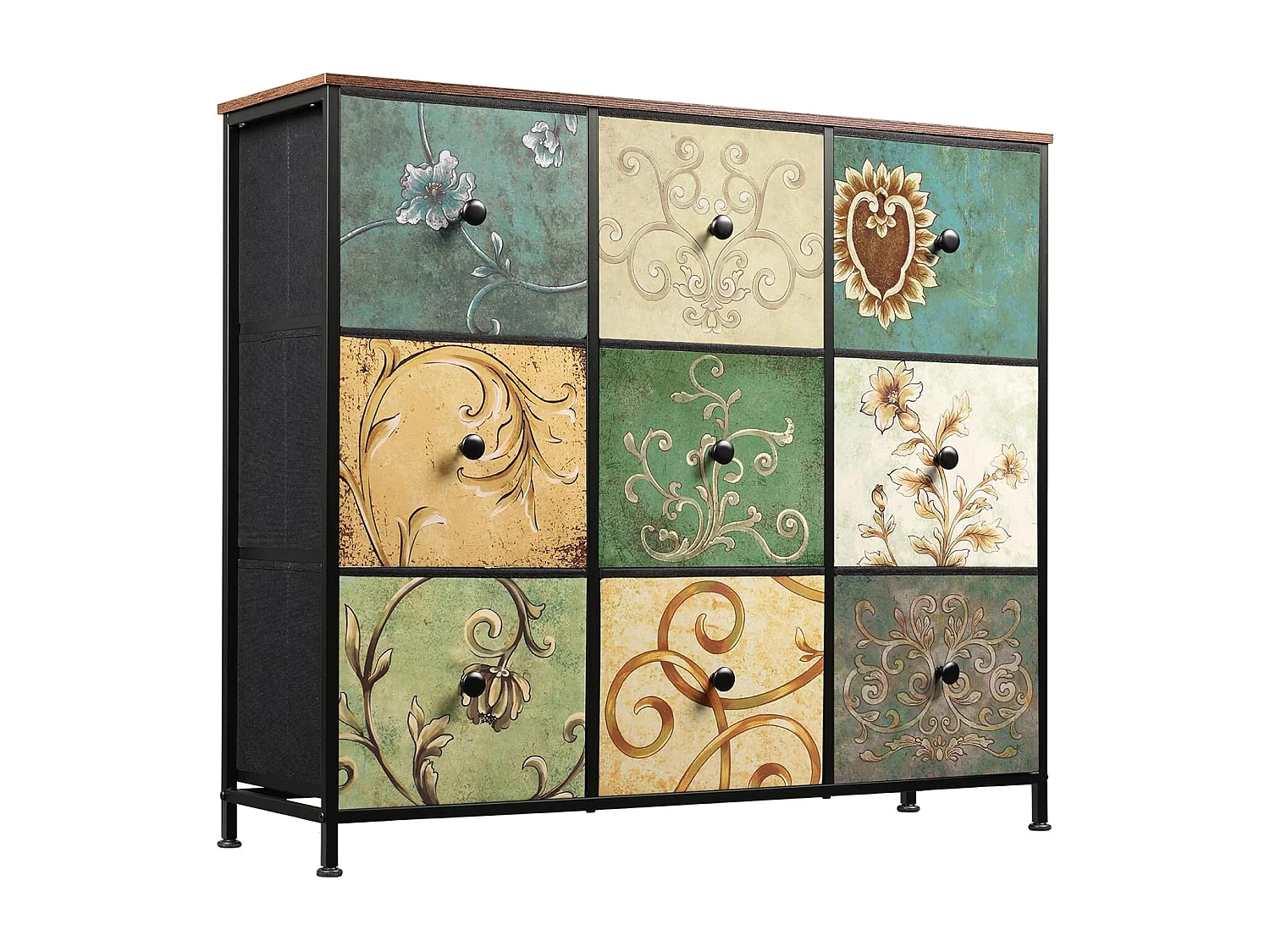 Commode de rangement 100 cm - avec 9 tiroirs de rangement et poignées noires, motif Vintage - Vert