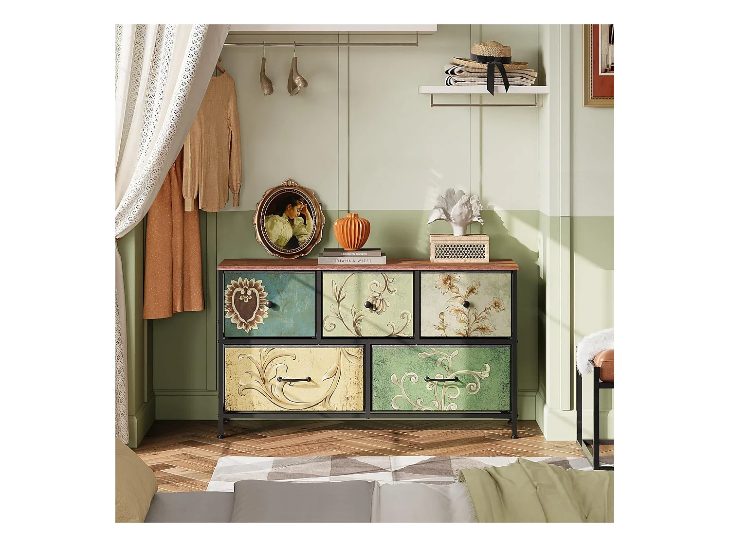 Commode 100 cm, avec 5 tiroirs de rangement, motif vintage - Multicouleur