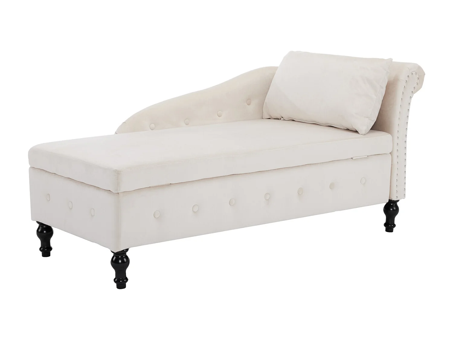 Divano chaise longue in velluto - chaise longue 144x62x69cm - con finiture borchiate e puntine, bracciolo destro - Beige