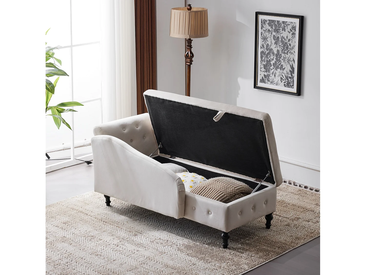 Divano chaise longue in velluto - chaise longue 144x62x69cm - con finiture borchiate e puntine, bracciolo destro - Beige