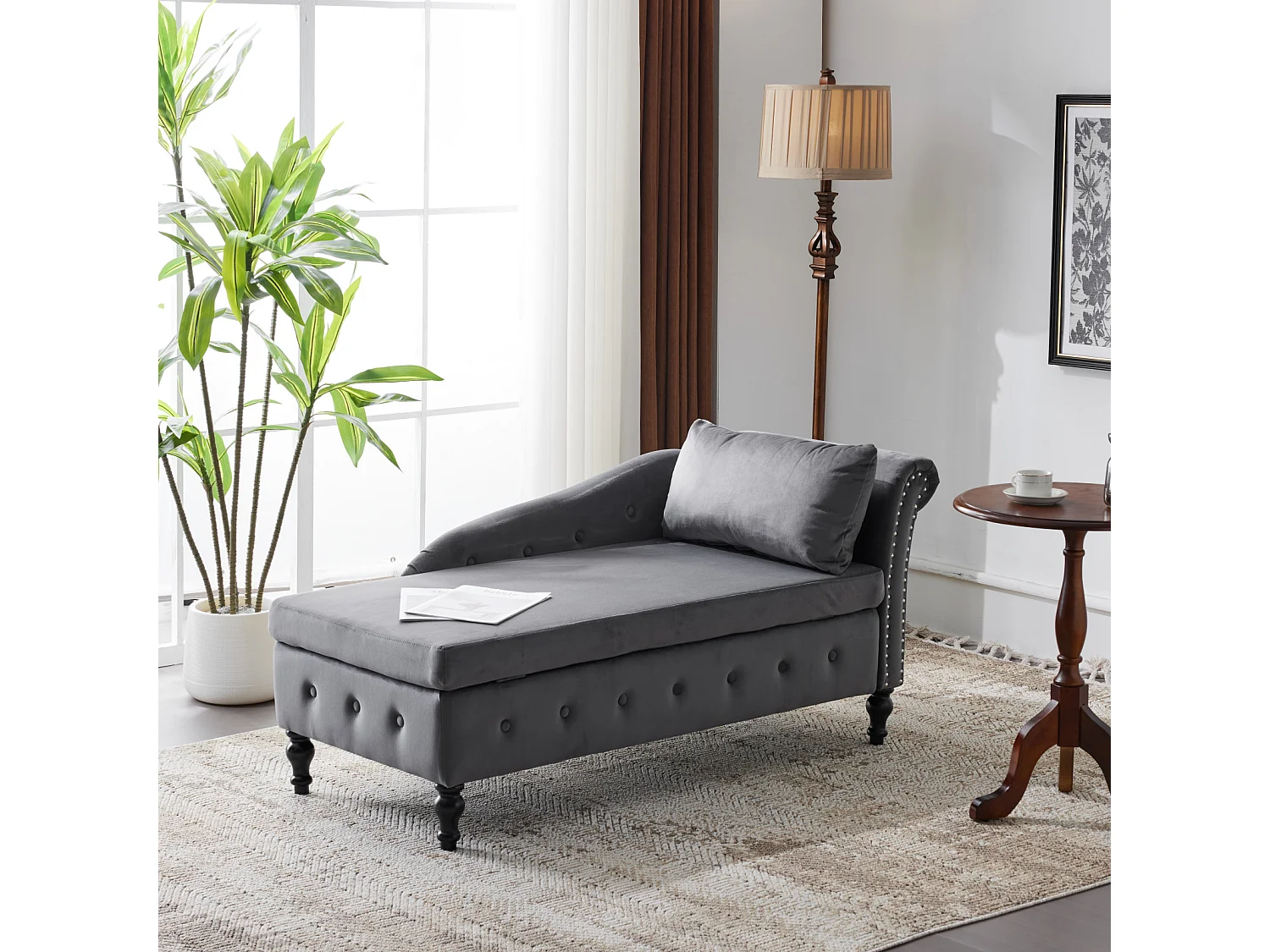 Sofá chaise longue em veludo - chaise longue 144x62x69cm - com acabamento cravejado e tachas, apoio de braço direito - Preto