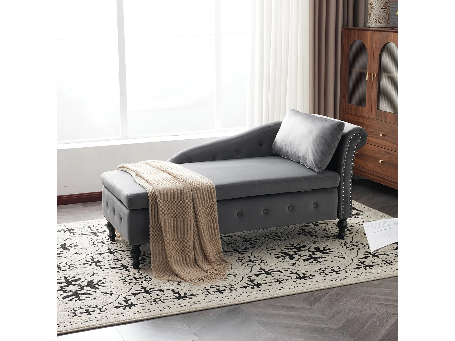 Canapé méridienne en velours - Chaise longue 144x62x69cm - avec garniture cloutée et punaise, accoudoir droit - Noir