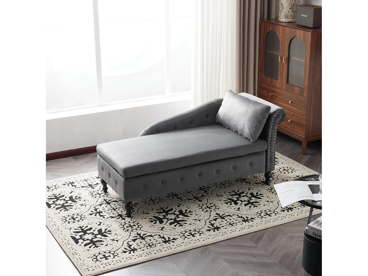 Canapé méridienne en velours - Chaise longue 144x62x69cm - avec garniture cloutée et punaise, accoudoir droit - Noir