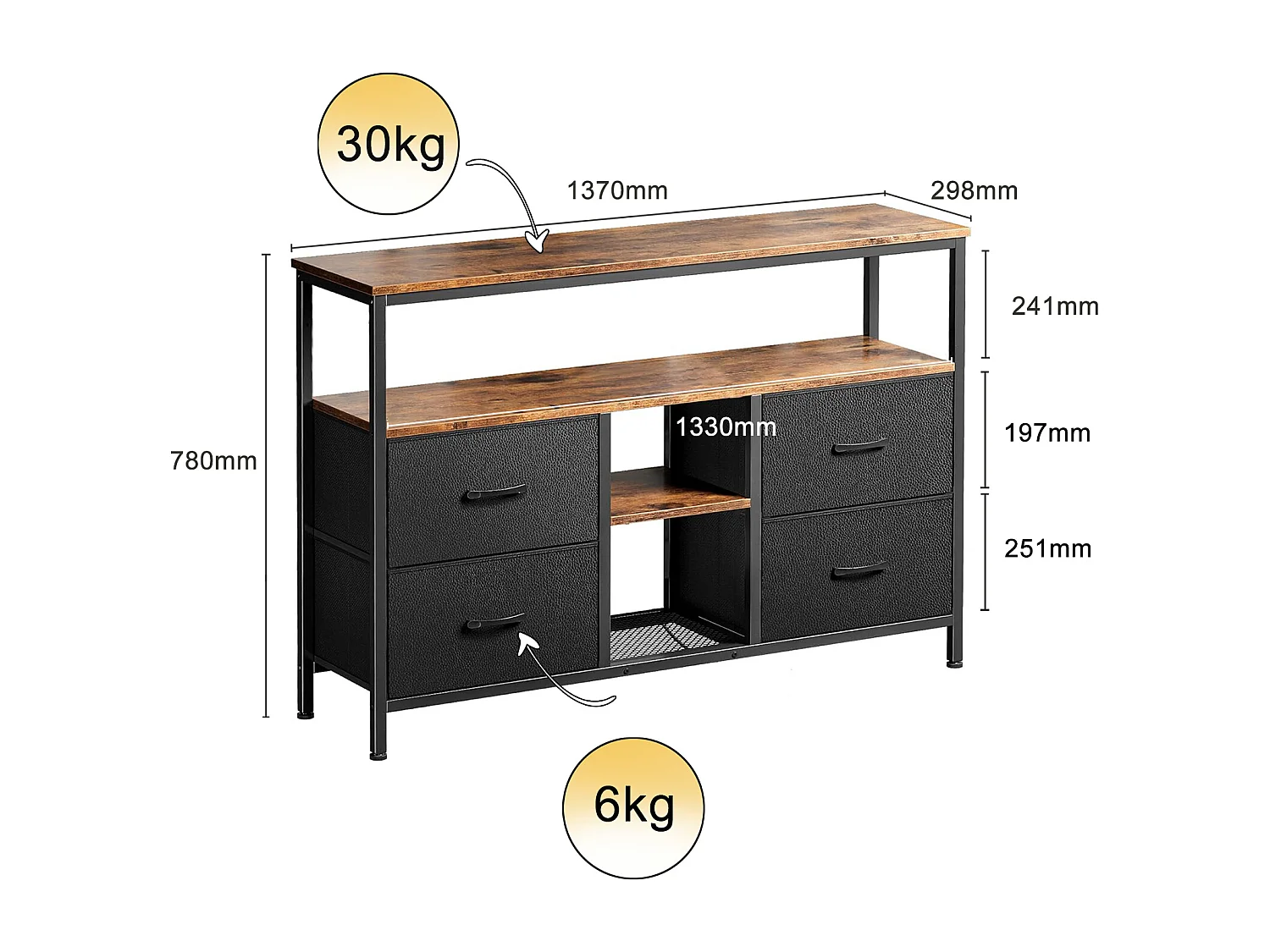Mobile porta TV LED 137x30x78cm - 4 cassetti, 2 scomparti e ripiano - tessuto pelle e metallo nero - Nero