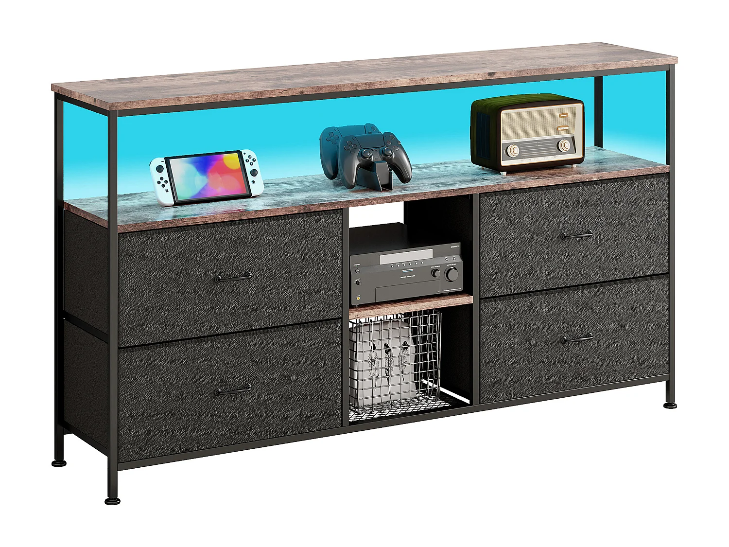 Mobile porta TV LED 137x30x78cm - 4 cassetti, 2 scomparti e ripiano - tessuto pelle e metallo nero - Nero