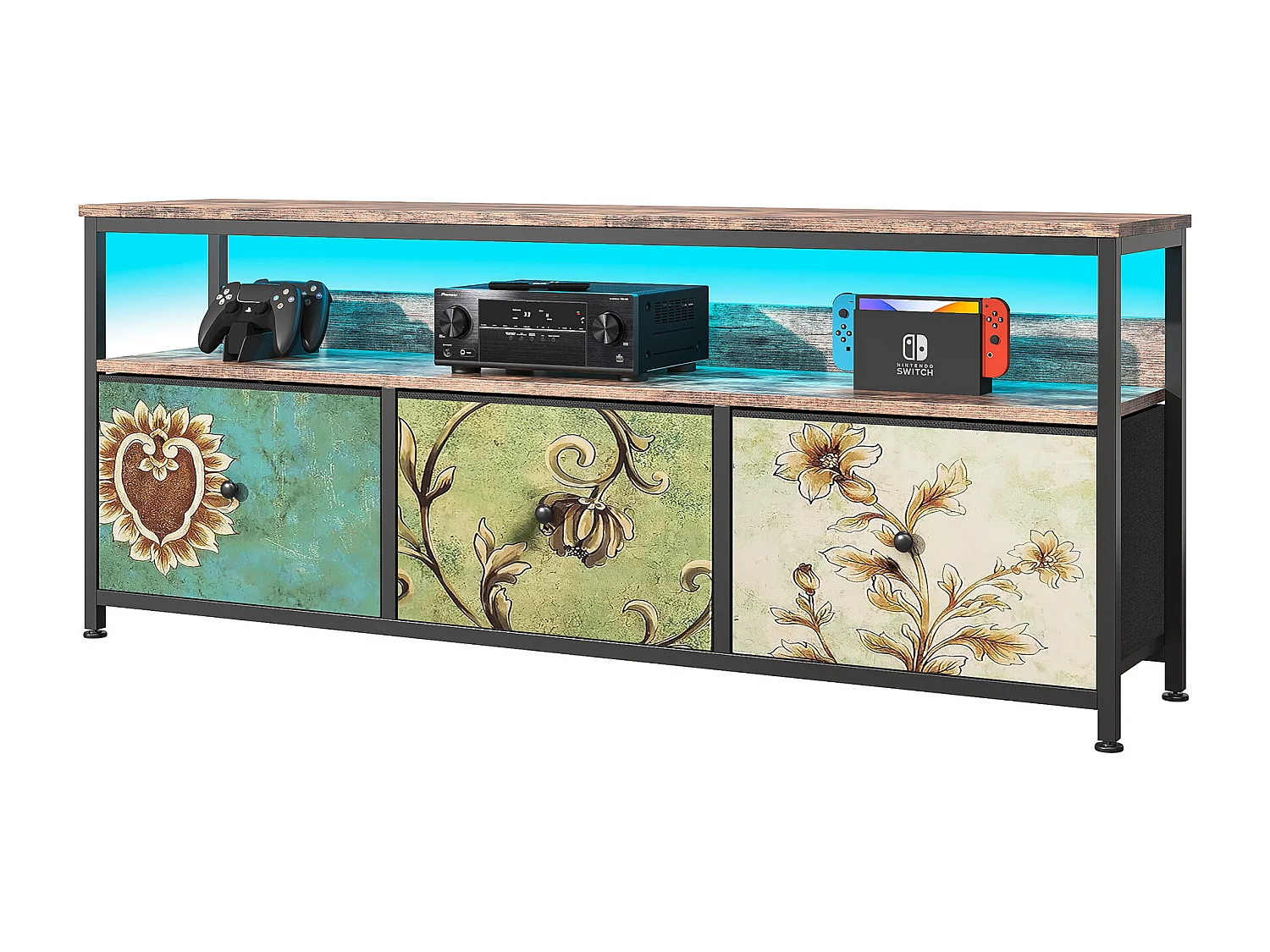 Meuble TV LED 108x30x78cm - 4 tiroirs, 2 compartiments et étagère - tissu cuir et métal noir - Coloré