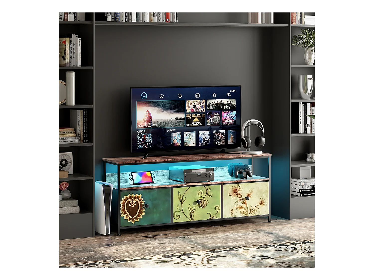 Meuble TV LED 108x30x78cm - 4 tiroirs, 2 compartiments et étagère - tissu cuir et métal noir - Coloré