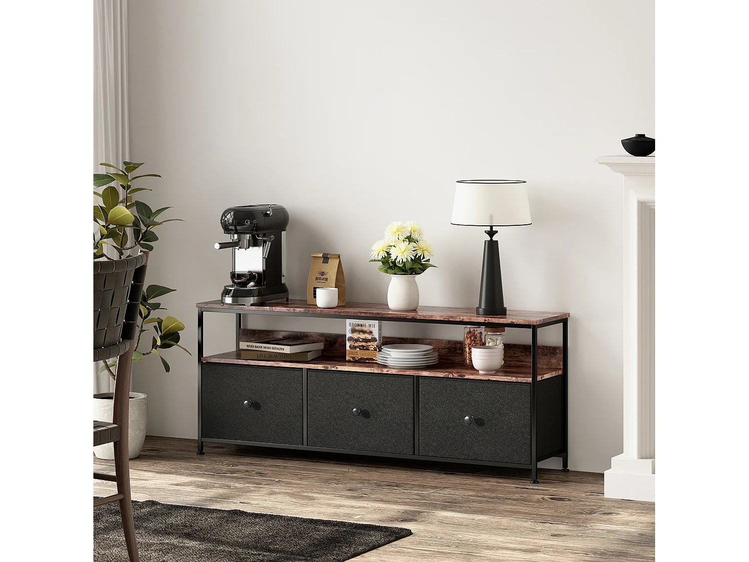 108cm TV-meubel, met 3 opbergladen, planken, metalen frame, rechthoekig, vintage industrieel, houten woonkamermeubilair - zwart