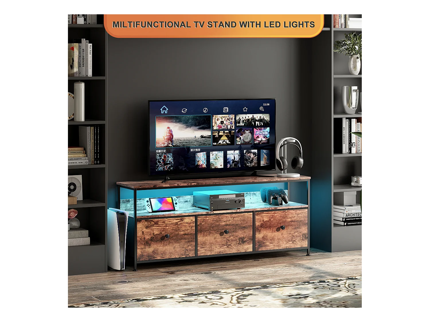 Meuble TV LED 137x30x57cm - 3 tiroirs en tissu cuir et métal noir - Marron