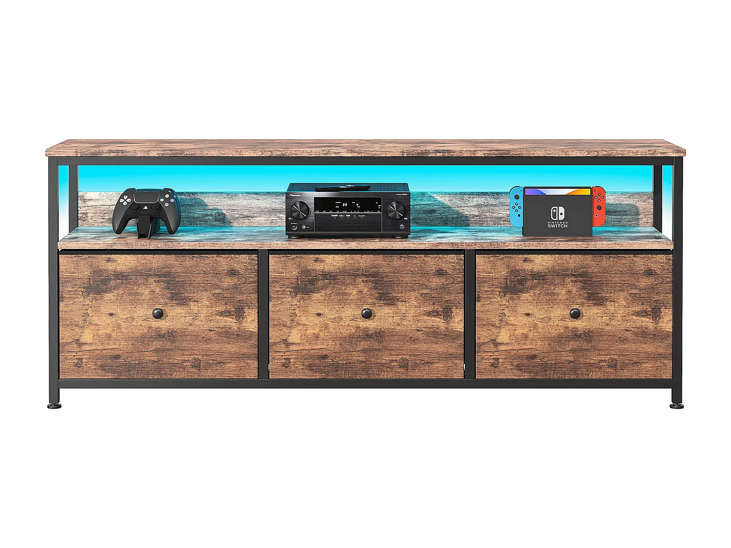 108 cm TV-Schrank, mit 3 Schubladen, Regalen, Metallrahmen, rechteckig, Vintage-Industriestil, Wohnzimmermöbel aus Holz – Braun