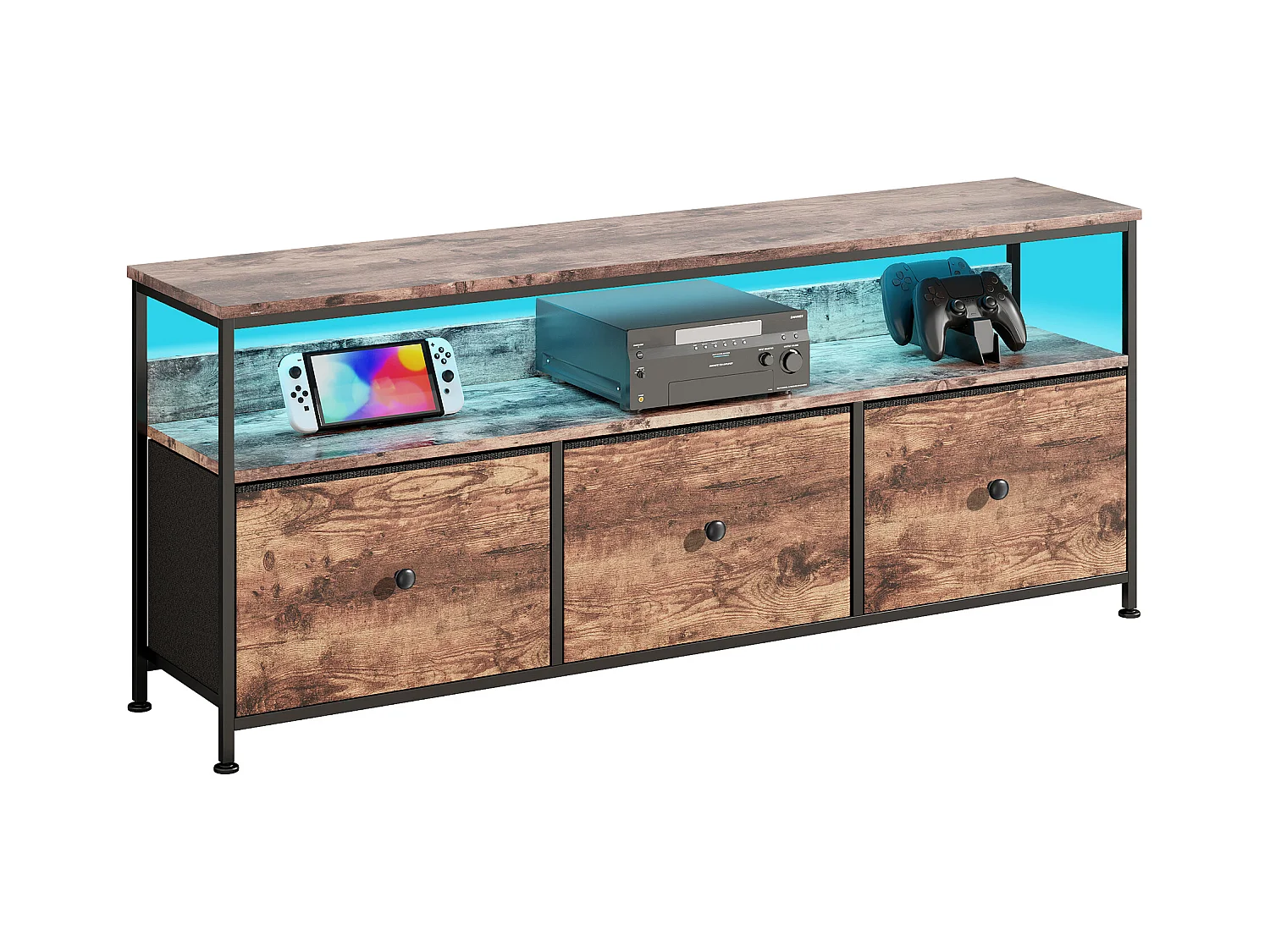 Meuble TV 108 cm, avec 3 tiroirs de rangement, étagères, cadre en métal, rectangulaire, industriel vintage, meuble salon en bois - Marron