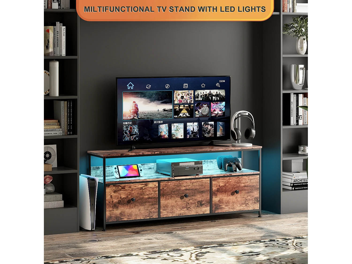 Meuble TV 108 cm, avec 3 tiroirs de rangement, étagères, cadre en métal, rectangulaire, industriel vintage, meuble salon en bois - Marron