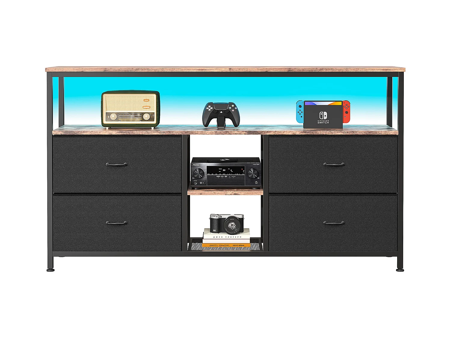 LED-TV-Schrank 108x30x78cm - 4 Schubladen, 2 Fächer und Ablage - Lederstoff und schwarzes Metall - Schwarz