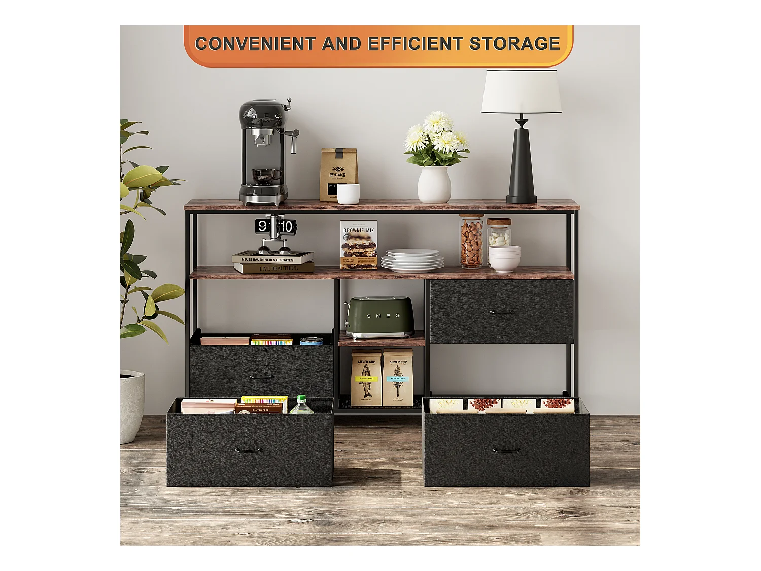 LED-TV-Schrank 108x30x78cm - 4 Schubladen, 2 Fächer und Ablage - Lederstoff und schwarzes Metall - Schwarz