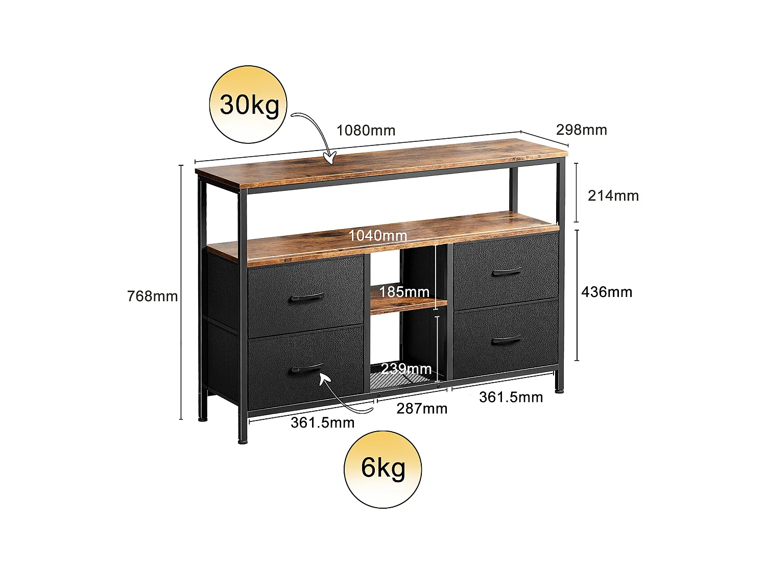 LED-TV-Schrank 108x30x78cm - 4 Schubladen, 2 Fächer und Ablage - Lederstoff und schwarzes Metall - Schwarz