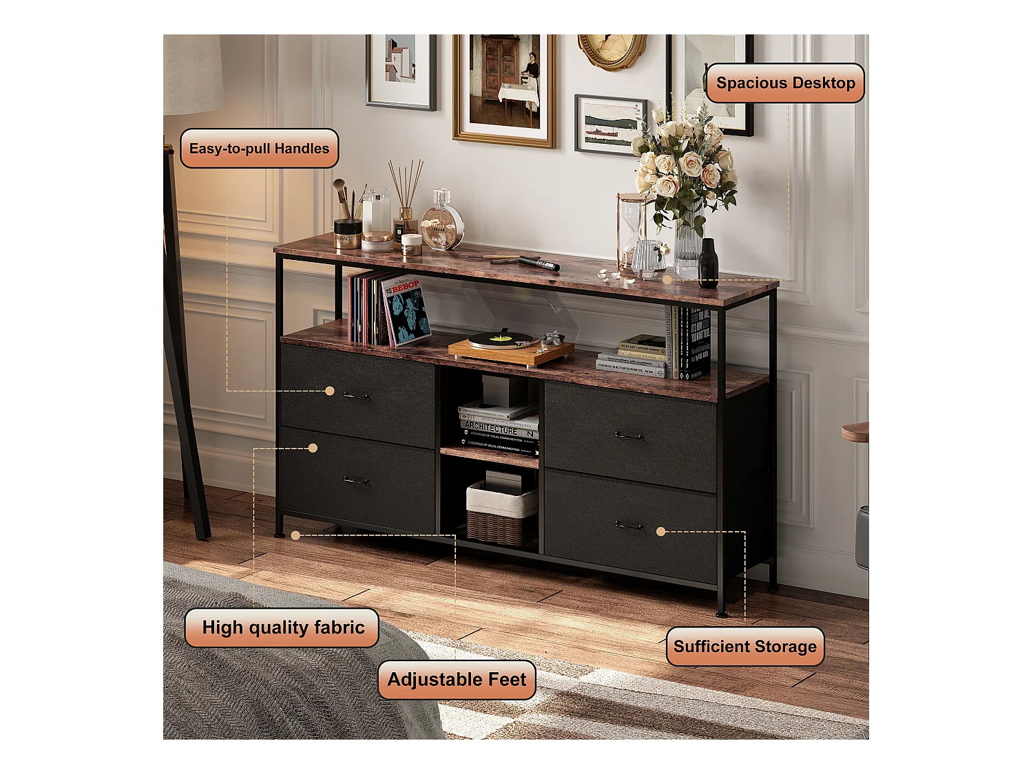 LED-TV-Schrank 108x30x78cm - 4 Schubladen, 2 Fächer und Ablage - Lederstoff und schwarzes Metall - Schwarz