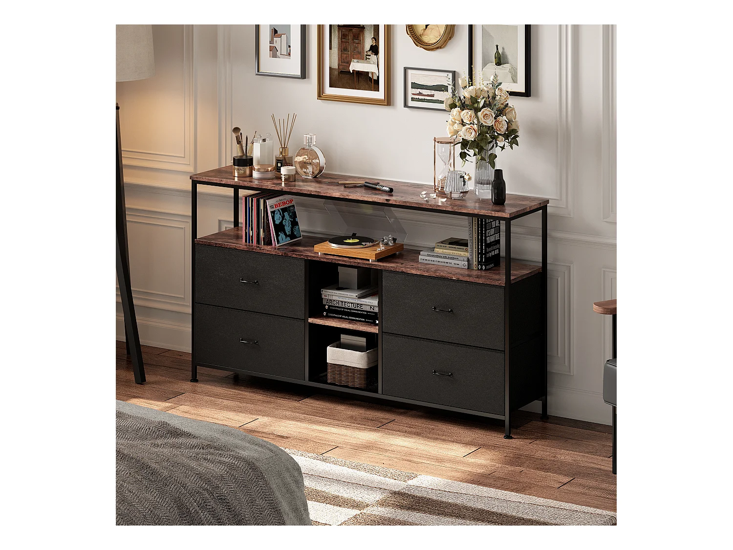 LED-TV-Schrank 108x30x78cm - 4 Schubladen, 2 Fächer und Ablage - Lederstoff und schwarzes Metall - Schwarz