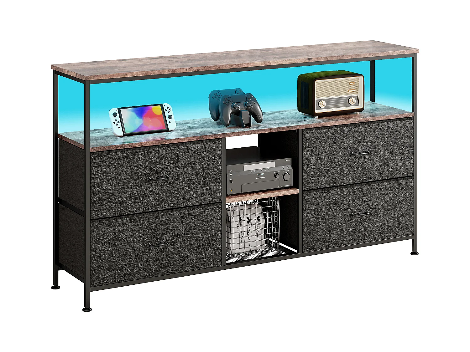 LED-TV-Schrank 108x30x78cm - 4 Schubladen, 2 Fächer und Ablage - Lederstoff und schwarzes Metall - Schwarz