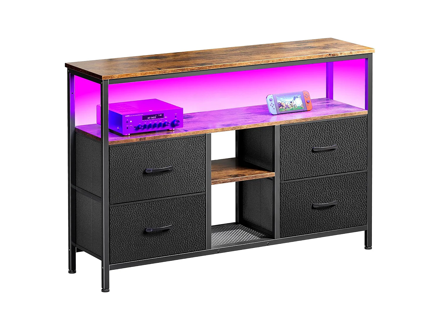 LED-TV-Schrank 108x30x78cm - 4 Schubladen, 2 Fächer und Ablage - Lederstoff und schwarzes Metall - Schwarz