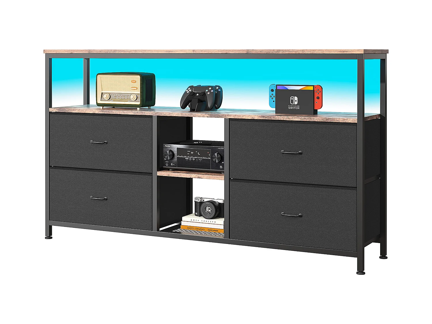 LED-TV-Schrank 108x30x78cm - 4 Schubladen, 2 Fächer und Ablage - Lederstoff und schwarzes Metall - Schwarz