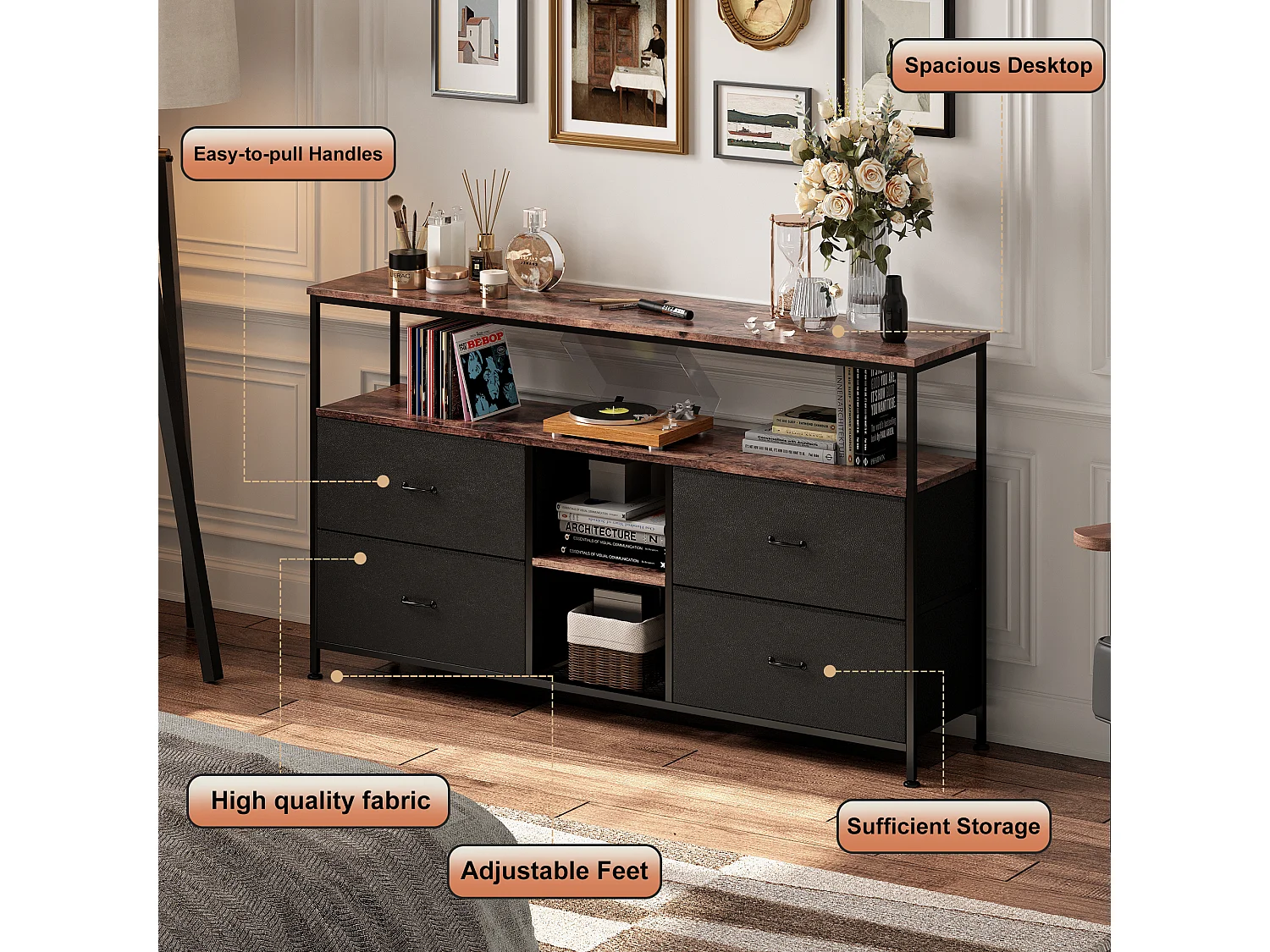 Mueble TV LED 108x30x78cm - 4 cajones, 2 compartimentos y balda - tela cuero y metal negro - Negro