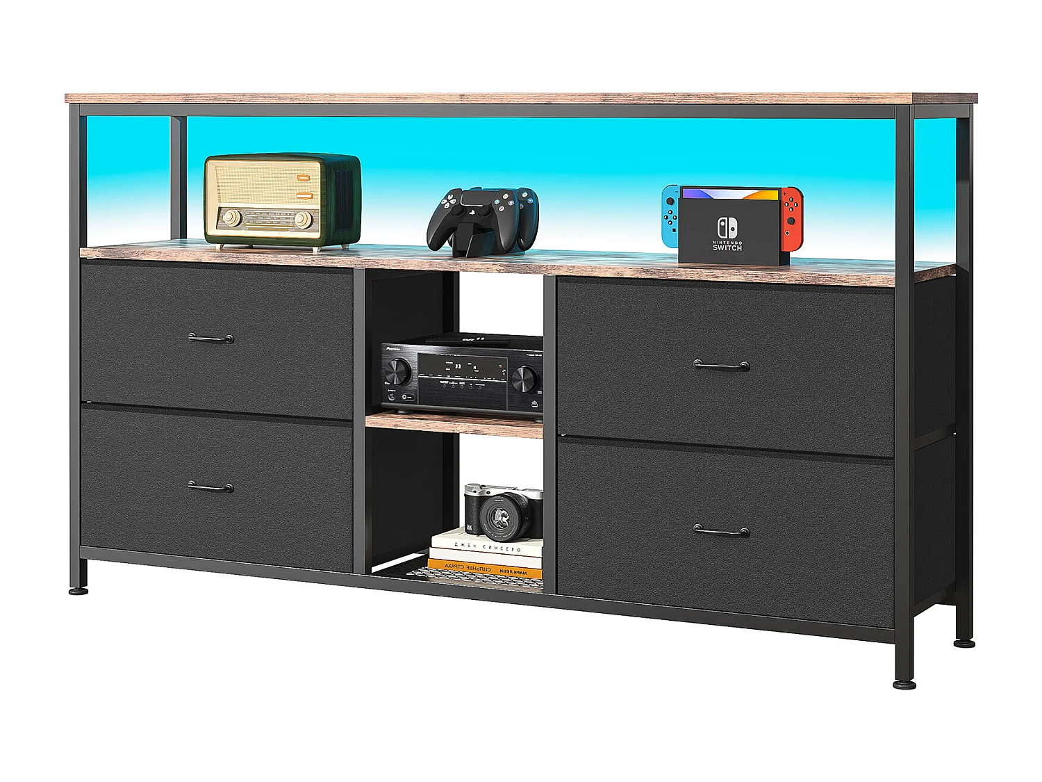 Mueble TV LED 108x30x78cm - 4 cajones, 2 compartimentos y balda - tela cuero y metal negro - Negro