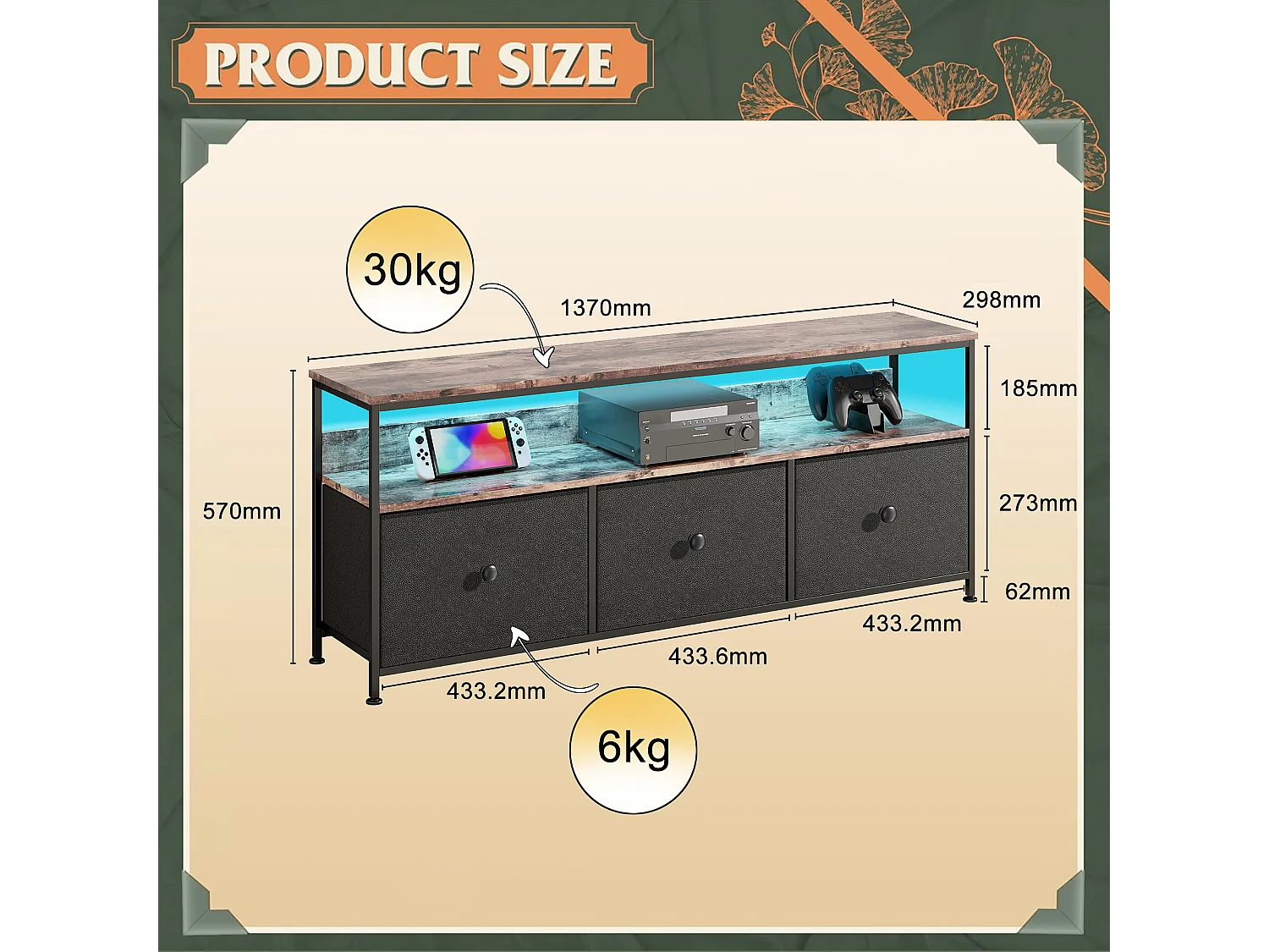 Meuble TV LED 137x30x57cm - 3 tiroirs en tissu cuir et métal noir - Noir