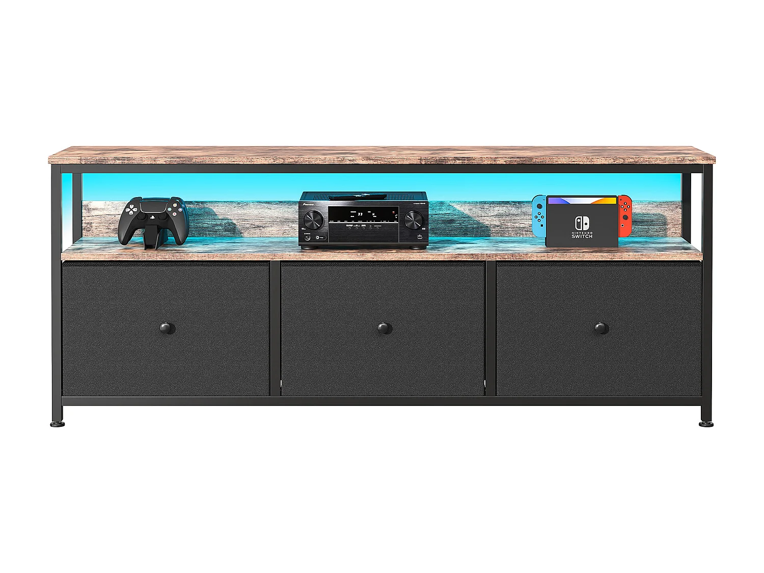 Meuble TV LED 137x30x57cm - 3 tiroirs en tissu cuir et métal noir - Noir